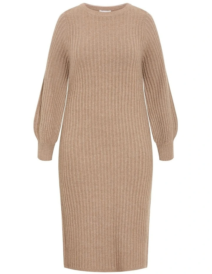 Sarah Long Sleeve Rib Dress in Mushroom image 3