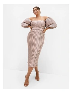 Krista Pleat Midi Dress in champagne