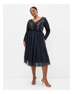 Rare Beauty Lace Midi Dress in Navy
