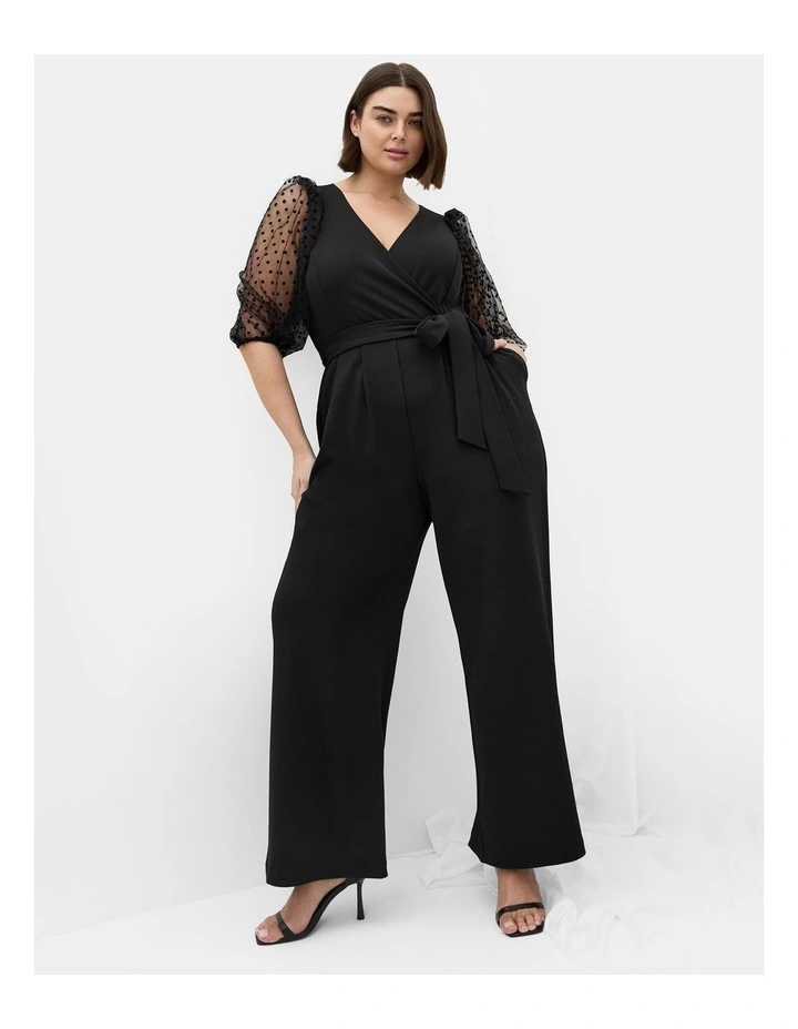 Asher Spot Mesh Sleeve Jumpsuit in Black image 1