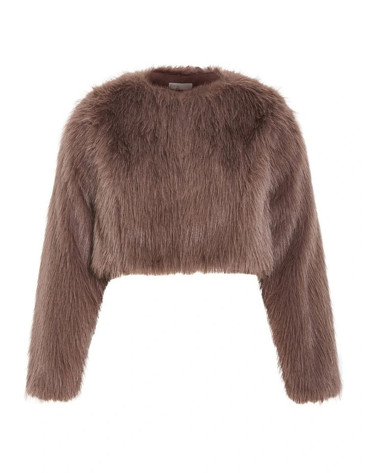 Angelica Faux Fur Crop Jacket in Truffle image 3