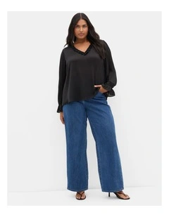 Maia Ruffle V-Neck Top in Black