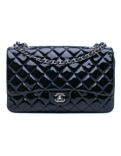Jumbo Patent Leather Accordion Flap Bag with Chain Strap and Multi-Pocket Interior Pre-Loved