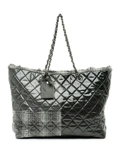 Large Quilted Tweed and Vinyl Tote with Leather Chain Straps Pre-Loved