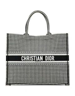 Embroidered Canvas Houndstooth Book Tote with Rolled Handles Pre-Loved