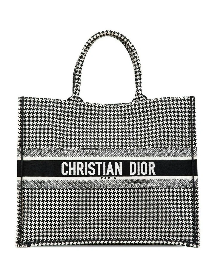 Embroidered Canvas Houndstooth Book Tote with Rolled Handles Pre-Loved image 1