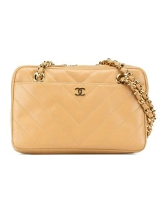 Chevron Quilted Lambskin Leather Chain Shoulder Bag with Zip Closure and Slip Pockets Pre-Loved