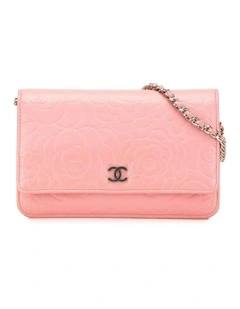Embossed Lambskin Camellia Quilted Leather Wallet On Chain Pre-Loved