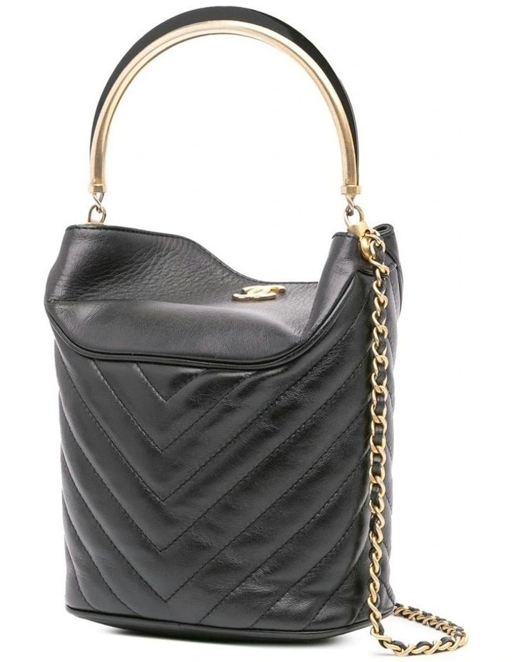 Quilted Chevron Lambskin Handle Bucket Bag with Resin Top Handle Pre-Loved image 2