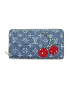 Printed Denim Zip Around Wallet with Embroidered Cherry Design Pre-Loved