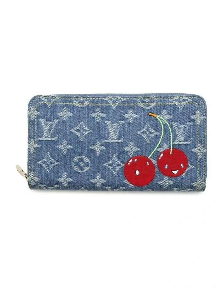 Printed Denim Zip Around Wallet with Embroidered Cherry Design Pre-Loved image 1