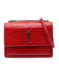 Medium Croc Embossed Leather Crossbody Bag with Chain Strap and Interior Pockets Pre-Loved