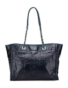 Small Glazed Calfskin and Caviar Leather Deauville Tote with Chain Straps and Magnetic Closure Pre-Loved