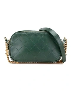 Stitched Calfskin and Grosgrain Button Up Double Zip Camera Bag with Chain Strap Pre-Loved