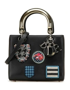 Medium Calfskin Patch Embellished Leather Handbag with Detachable Strap Pre-Loved