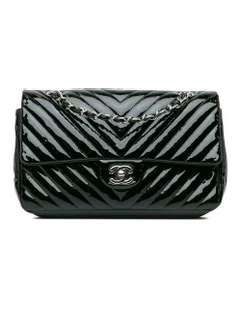 Medium Chevron Patent Double Flap Shoulder Bag with Quilted Leather and Chain Straps Pre-Loved