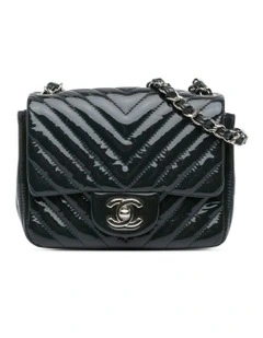 Mini Square Classic Chevron Patent Flap Crossbody Bag with Chain Strap Pre-Loved