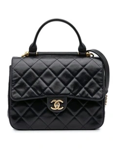 Quilted Calfskin Gold Bar Top Handle Flap Satchel Pre-Loved