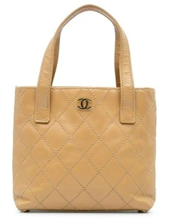 Quilted Calfskin Handbag With Flat Leather Handles in Brown