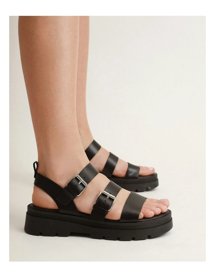 Gia Flat Leather Sandals in Black image 2
