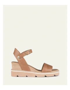 Katie Mid Heel Wedge Leather Sandals in Tan