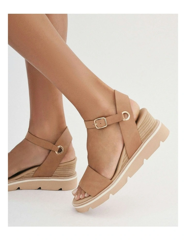 Katie Mid Heel Wedge Leather Sandals in Tan image 2