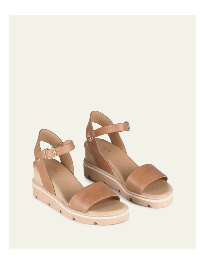 Katie Mid Heel Wedge Leather Sandals in Tan image 3