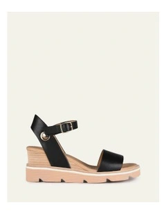 Katie Mid Heel Wedge Leather Sandals in Black