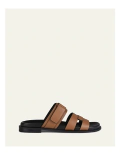 Hendrix Flat Leather Slides in Dark Tan