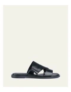 Shelby Flat Leather Slides in Black