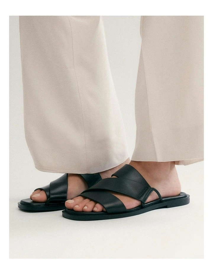 Shelby Flat Leather Slides in Black image 2