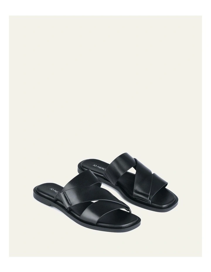 Shelby Flat Leather Slides in Black image 3