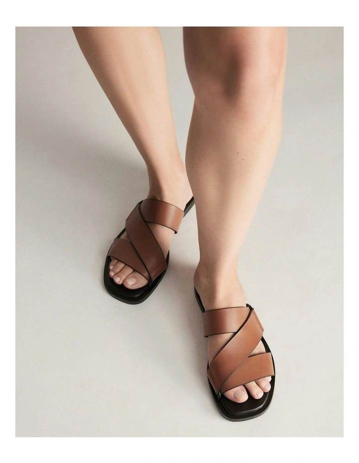 Shelby Flat Leather Slides in Dark Tan image 2