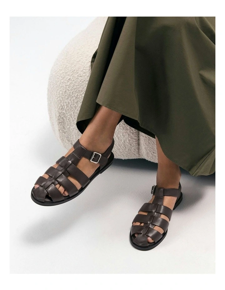 Leather Finn Flat Sandals in Chocolate image 2