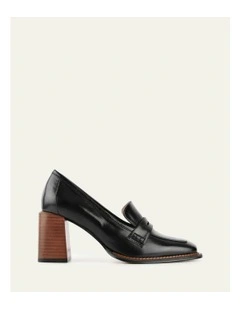 Delilah Mid Heel Leather Loafers in Black