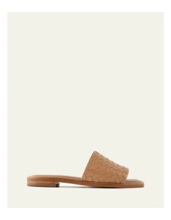 Pearl Leather Flat Slides in Tan