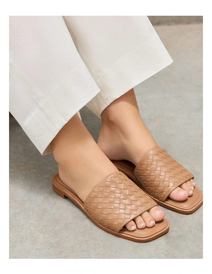 Pearl Leather Flat Slides in Tan image 2
