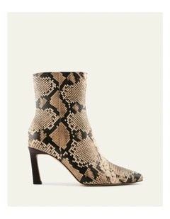 Nessie Snake Print Leather Mid Ankle Boots in Beige