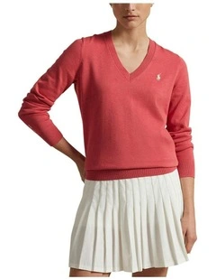 Cotton Blend V-Neck Golf Jumper in Red Sky