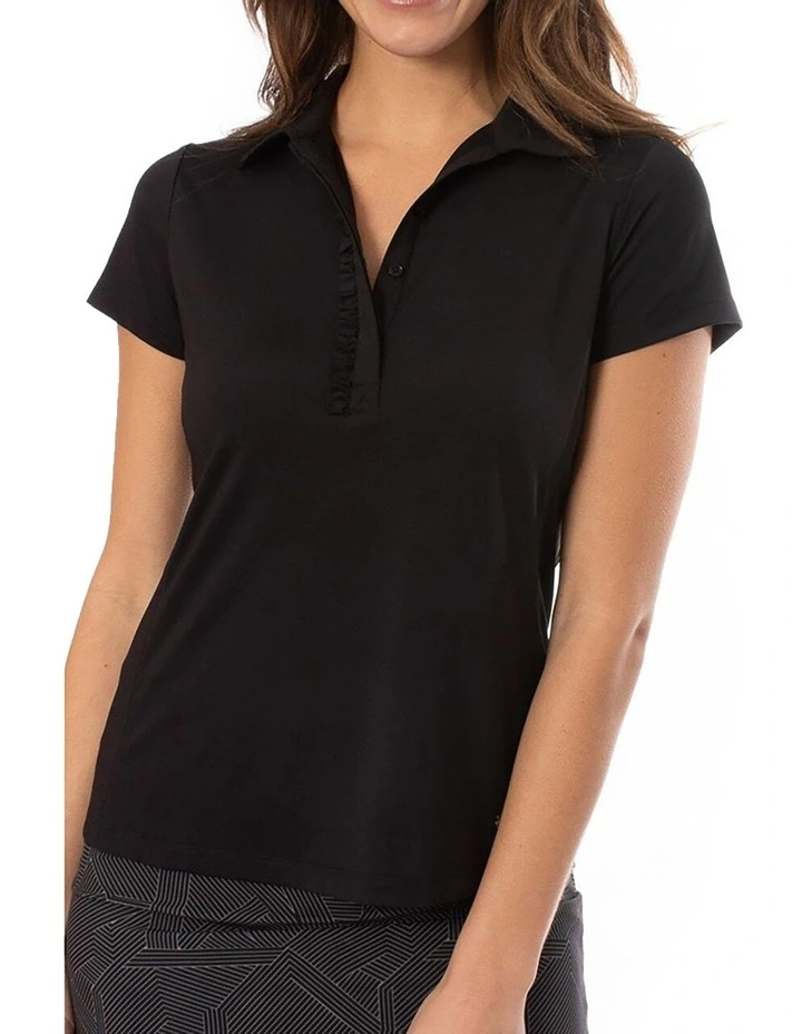 Short Sleeve Ruffle Golf Polo Shirt in Black image 1