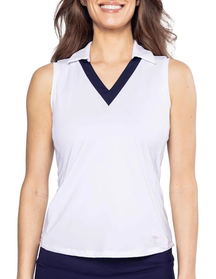 Golftini Say Yes Sleeveless Golf Polo Shirt in White/Navy image 1