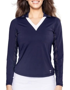 Say Yes Long Sleeve Golf Polo Shirt in Navy/White
