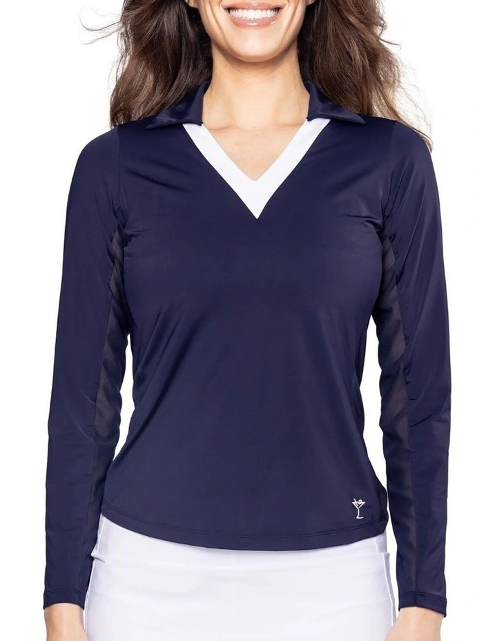 Say Yes Long Sleeve Golf Polo Shirt in Navy/White image 1