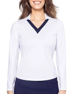 Say Yes Long Sleeve Golf Polo Shirt in White/Navy