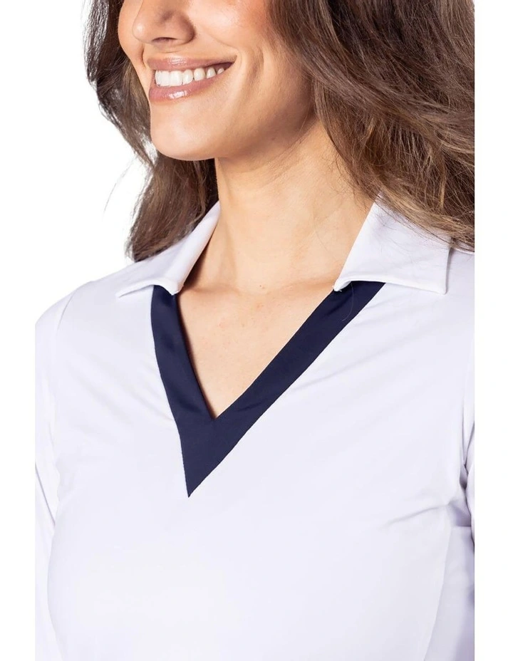 Say Yes Long Sleeve Golf Polo Shirt in White/Navy image 3