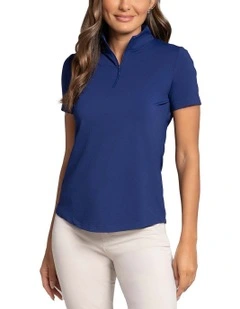 Ibkul Solid Short Sleeve Zip Mock Neck Shirt in Navy