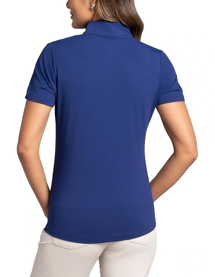 Ibkul Solid Short Sleeve Zip Mock Neck Shirt in Navy image 2