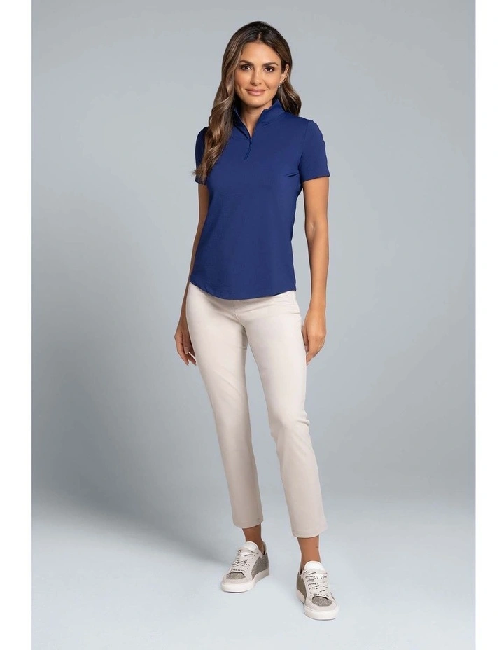 Ibkul Solid Short Sleeve Zip Mock Neck Shirt in Navy image 3