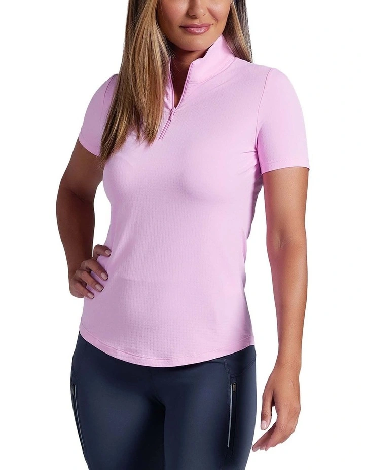 Ibkul Solid Short Sleeve Zip Mock Neck Shirt in Candy Pink image 1