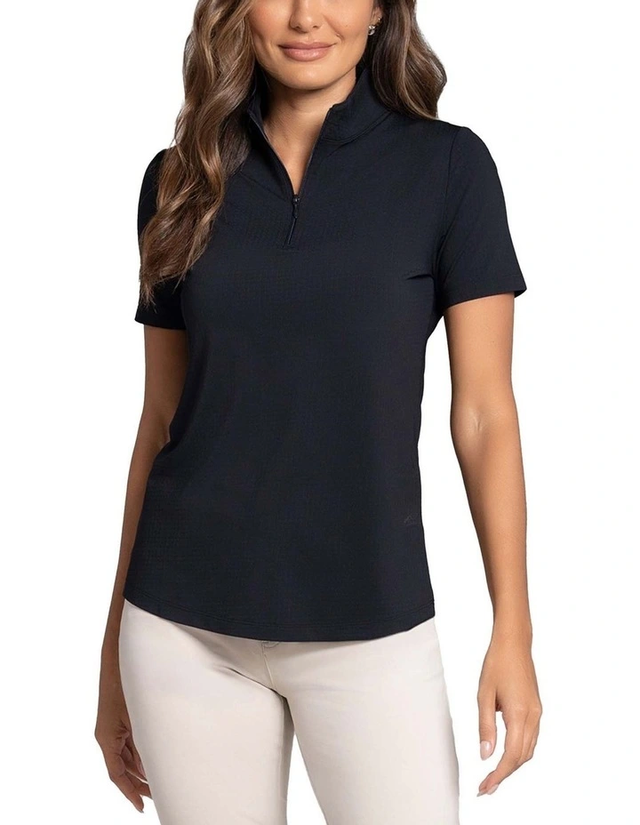Ibkul Solid Short Sleeve Zip Mock Neck Shirt in Black image 1